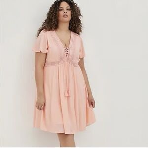 Torrid Dress Mini Gauze Lace Up Skater Flutter Sleeve Boho Peach Pink Size 2X